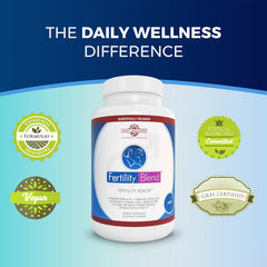 Product image showing Fertility Blend for men and a bottle