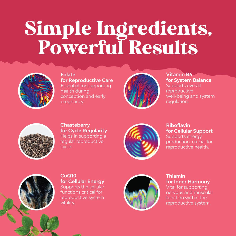 Illustration of choline, inositol, folate, chasteberry, and CoQ10 ingredients