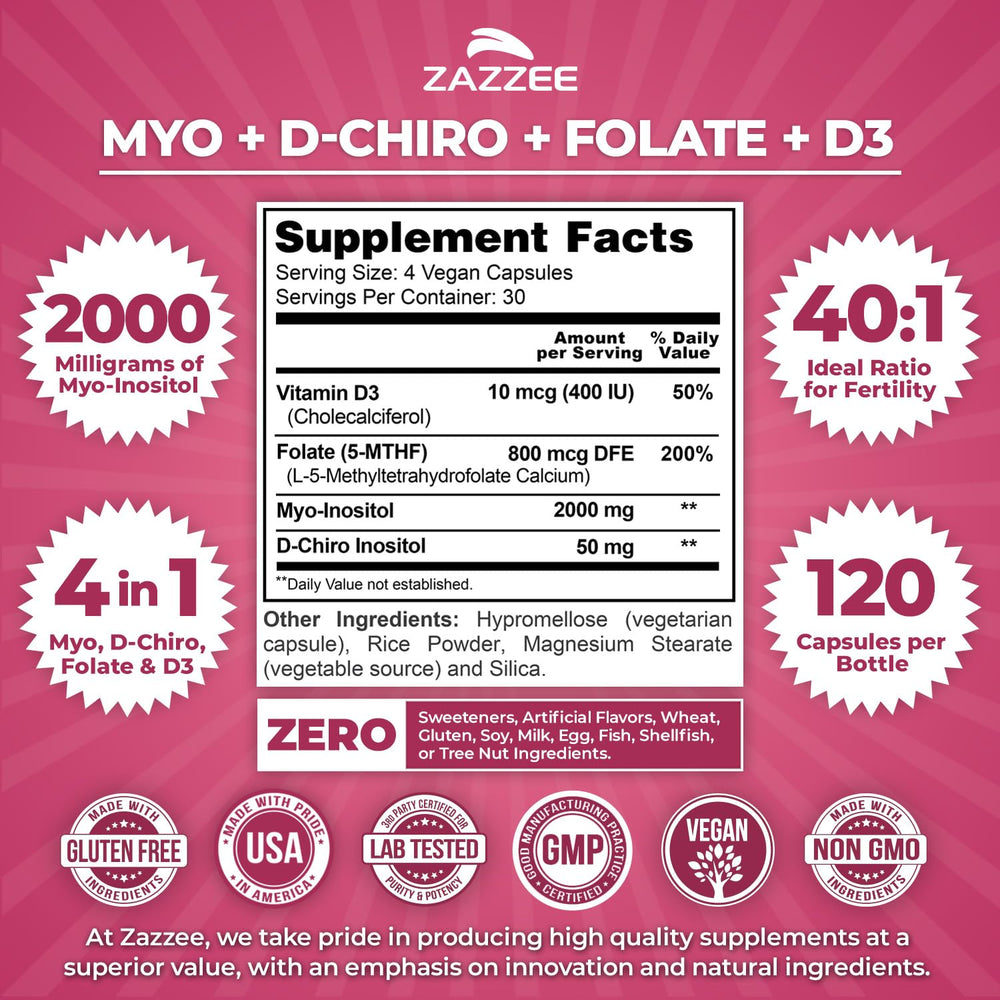 Fertility supplement featuring Myo- and D-Chiro Inositol at 40:1 ratio.