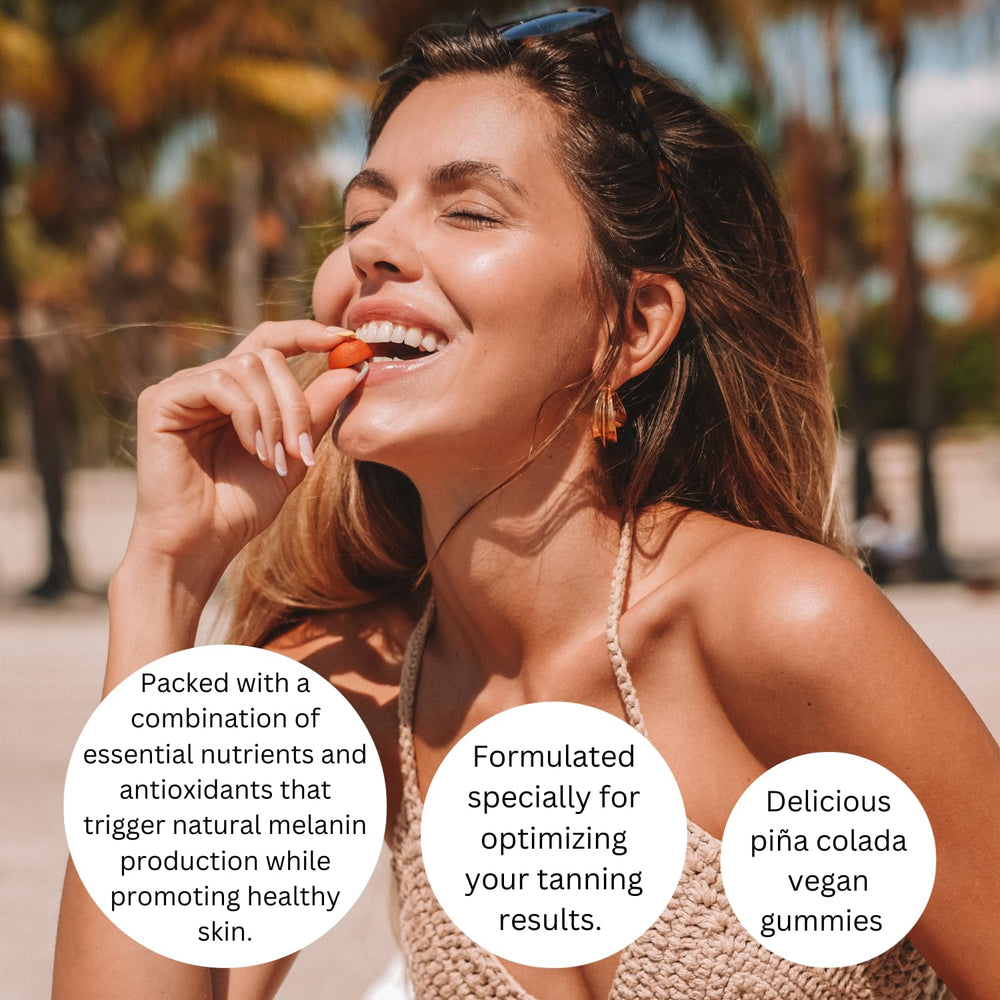 Key nutrients shown for Summer Glow Gummies: L-Tyrosine, Beta Carotene, Astaxanthin