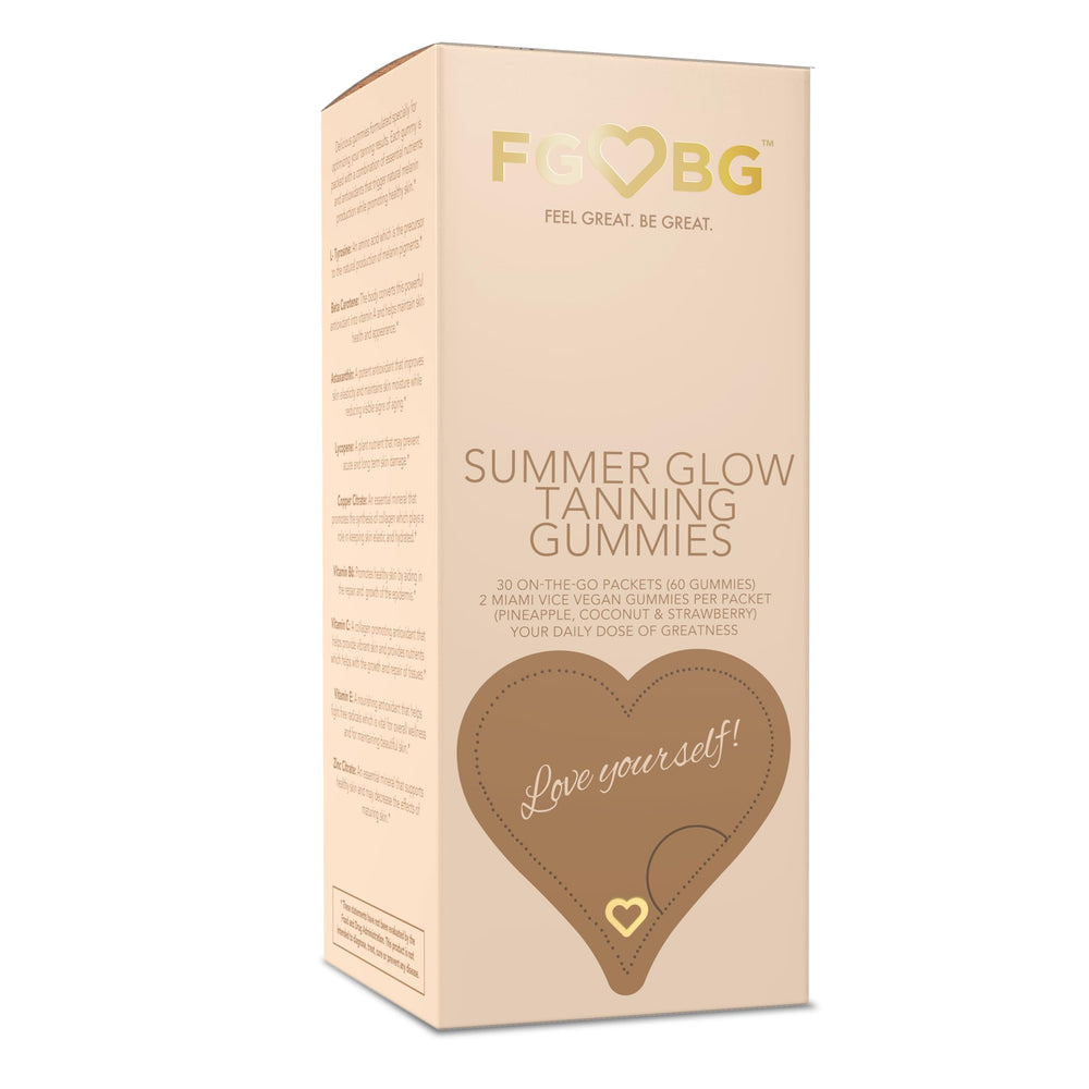 Front view of FGBG Summer Glow Gummies Miami Vice flavor with pineapple, coconut, and strawberry