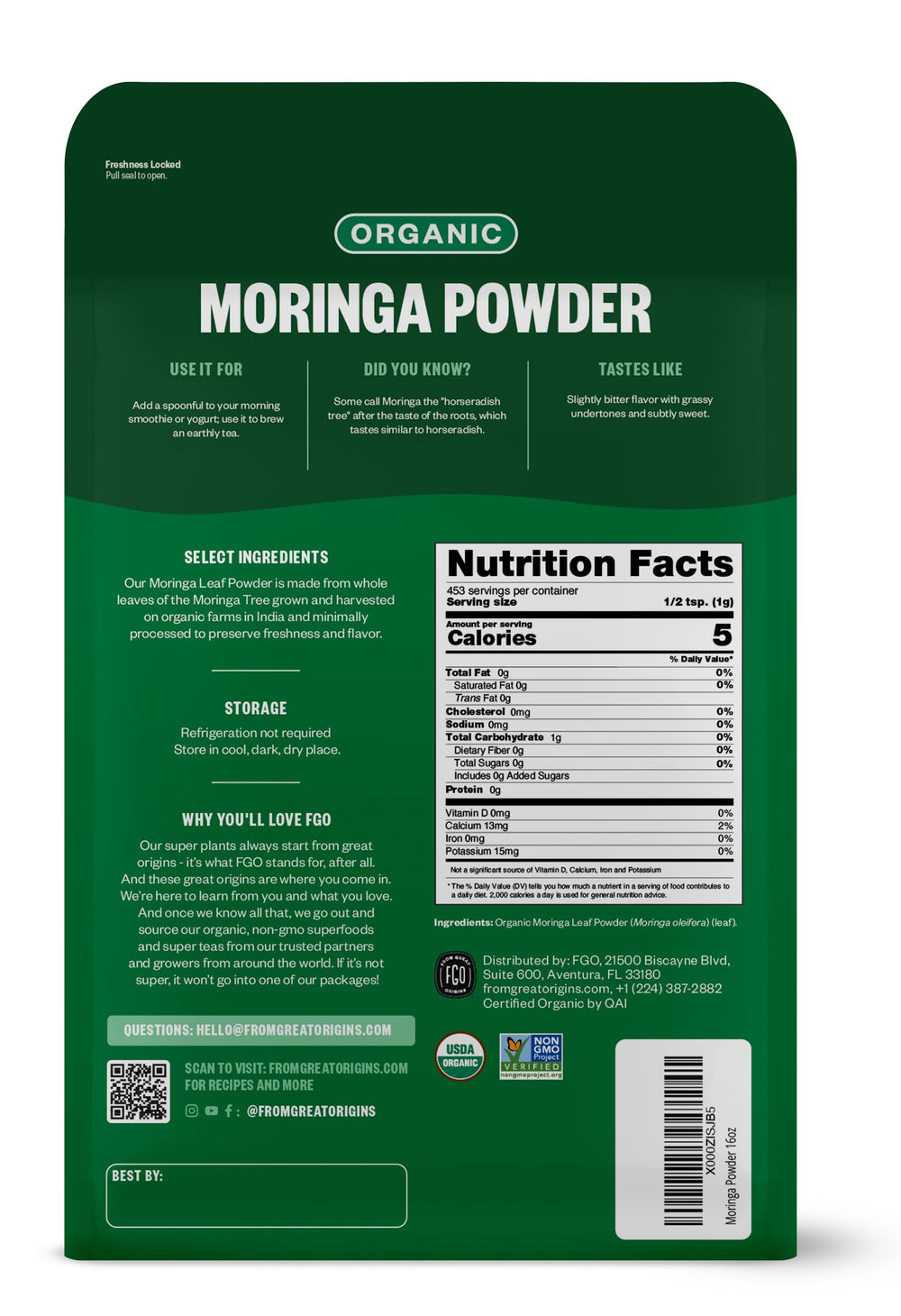 Bag of Moringa Oleifera leaf powder 16oz from India - 1 lb