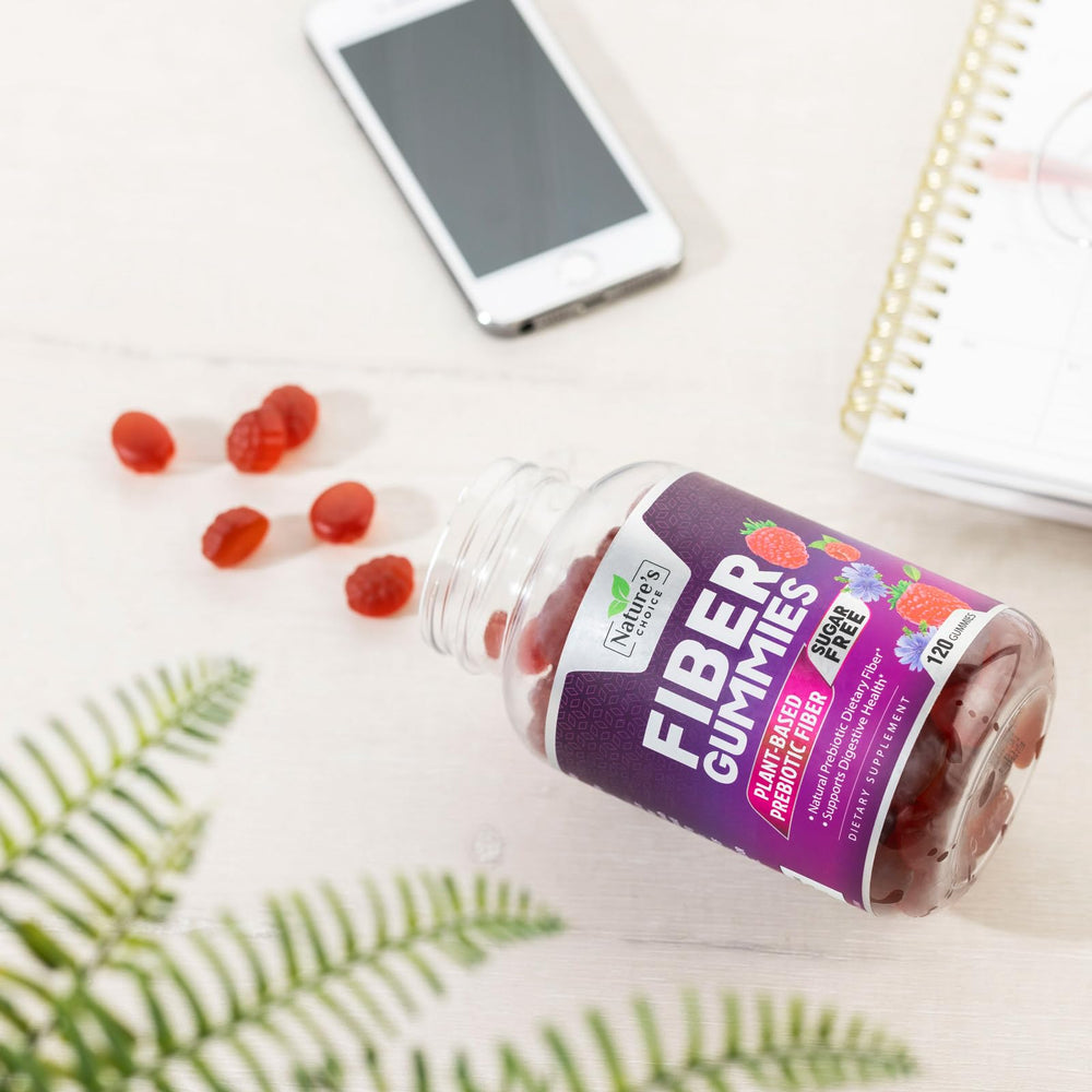 Illustration of gut health with prebiotics and gummies