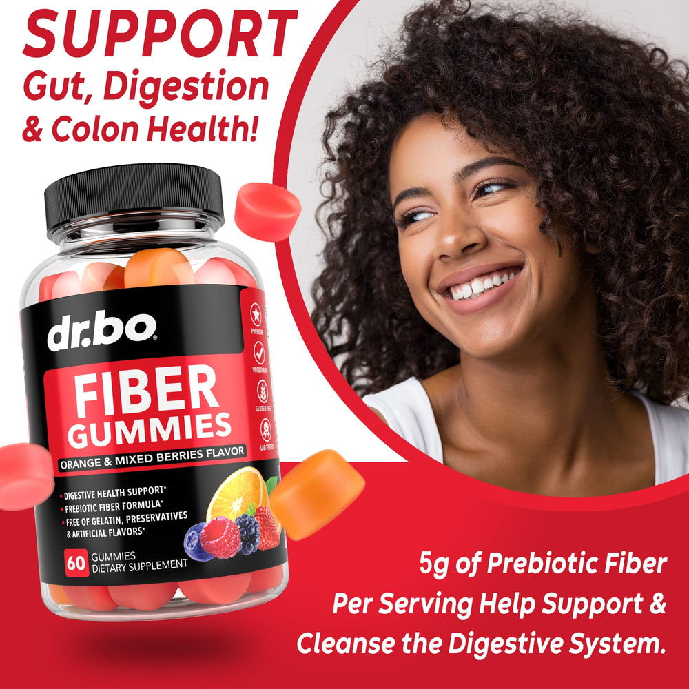 Gummy supplement close-up highlighting 5 g dietary fiber per serving