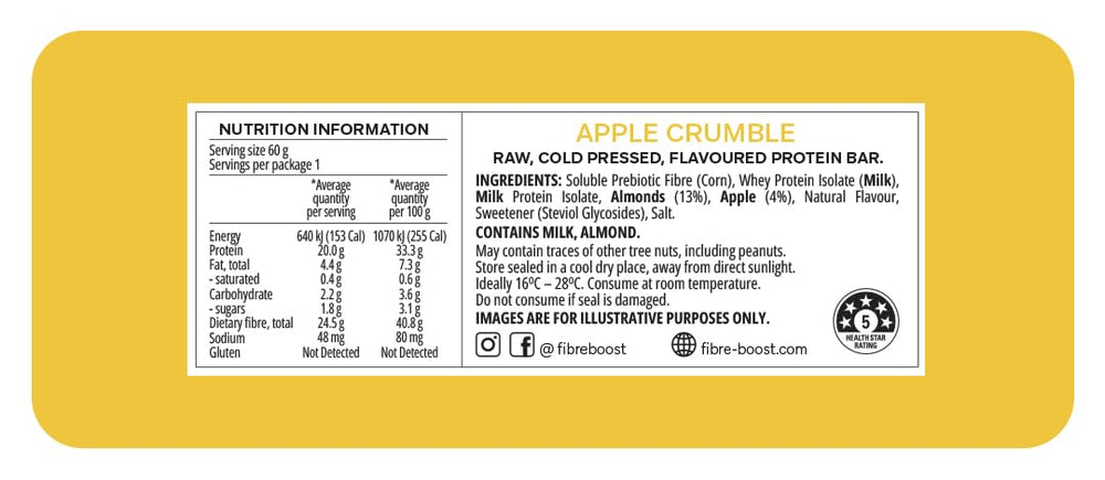 Fibre Boost Apple Crumble Bar nutrition label close-up shows high fibre option