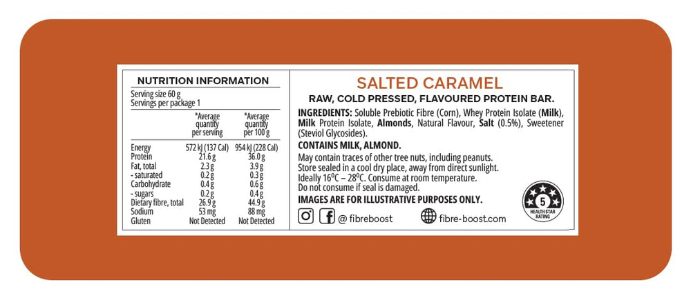 Fibre Boost salted caramel bar closeup highlighting rich texture and fibre-rich snack