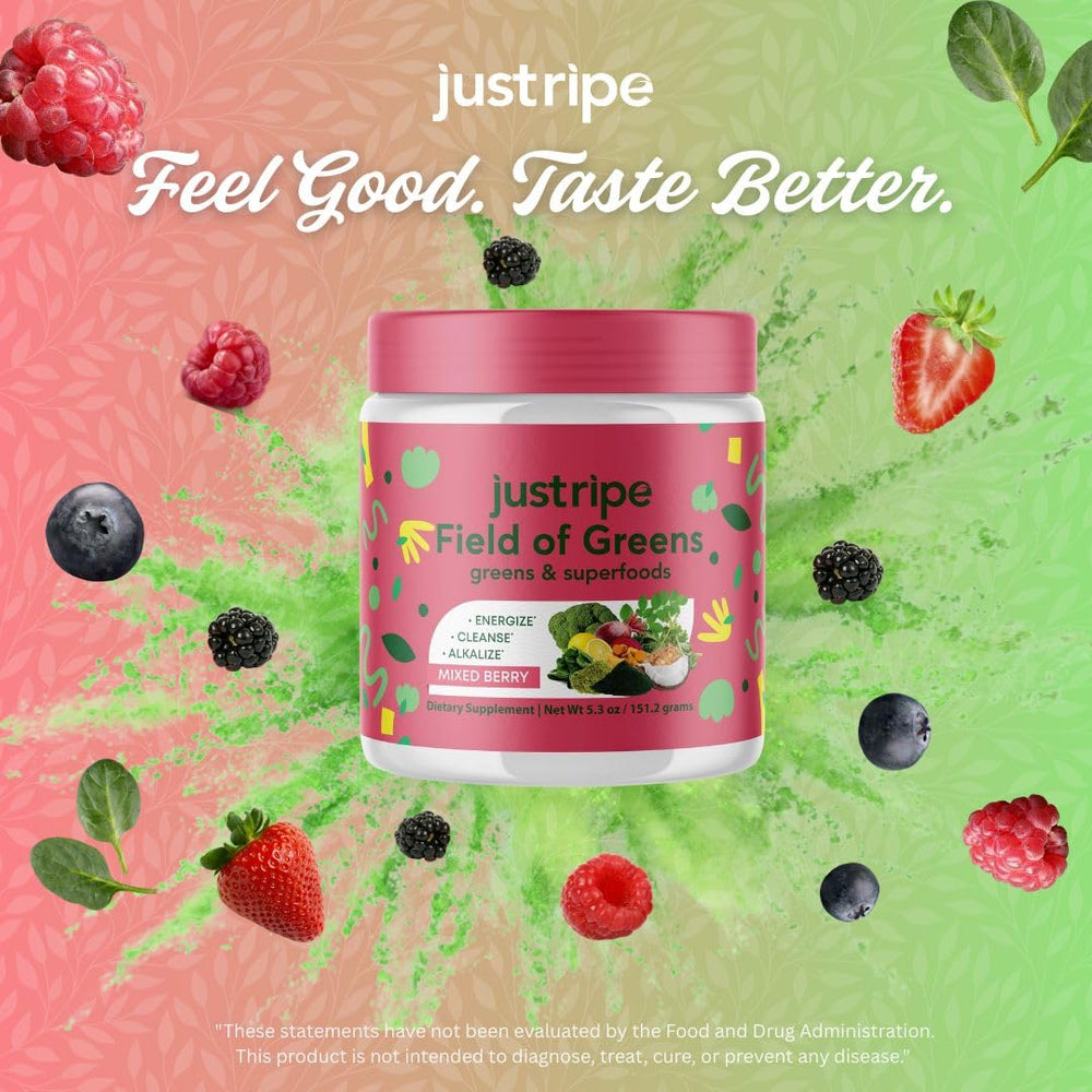 Close-up of spirulina, chlorella and beet root ingredients in Field of Greens