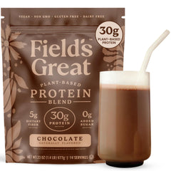 Field's Great chocolate pea protein powder label highlights vegan protein for muscle support
