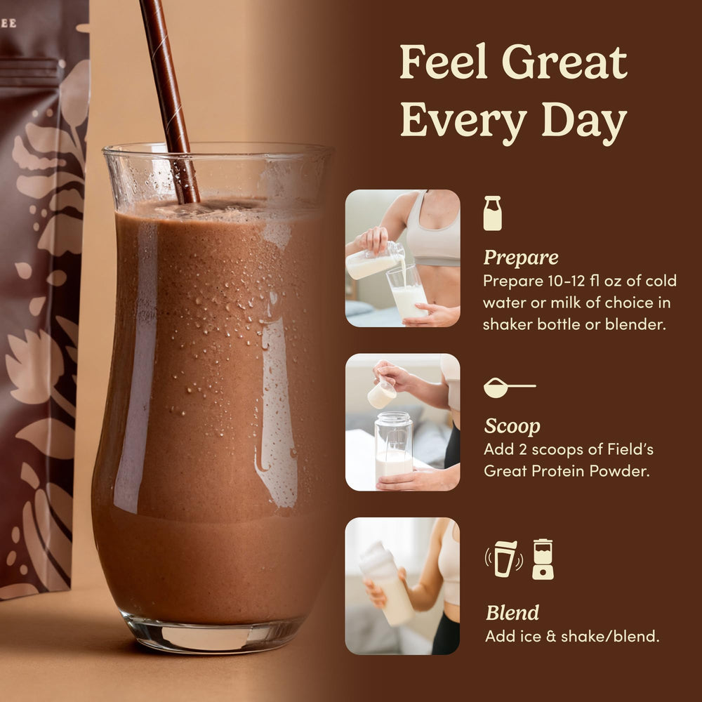 Field's Great shake with probiotic icon suggests gut health friendly blend