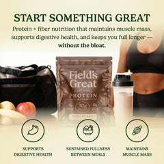 Field's Great chocolate pea protein powder scoop measures a 30g protein boost