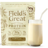 Field's Great vanilla pea protein powder label highlights 30g protein and 5g fiber for daily support.