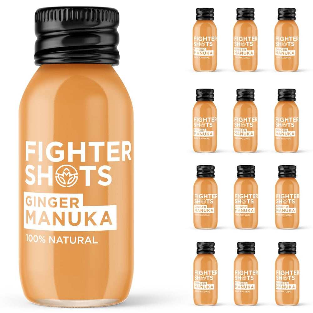 Front view of Fighter Shots Ginger Manuka Honey 12x60ml bottle