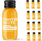 Front view of Fighter Shots Ginger + Turmeric bottle