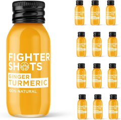 Front view of Fighter Shots Ginger + Turmeric bottle