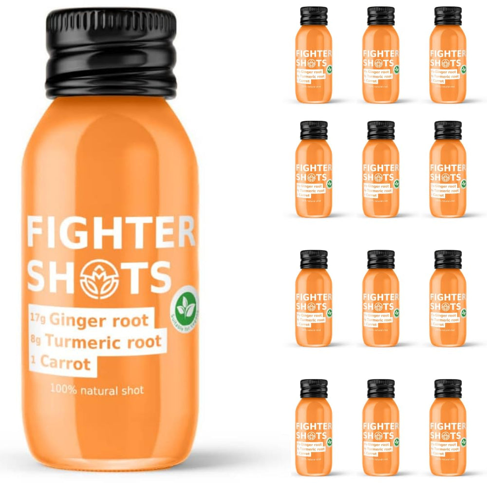 Fighter Shots bottle with Ginger, Turmeric and Carrot – 60ml (12-pack) Vegan wellness