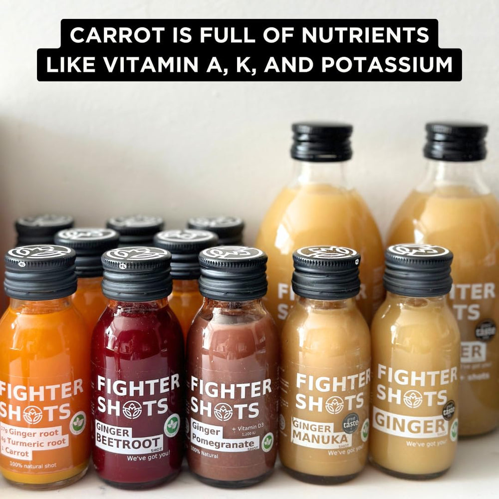 Close-up of Ginger, Turmeric and Carrot ingredients for Fighter Shots