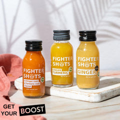 Lifestyle shot of Fighter Shots 12x60ml on kitchen counter