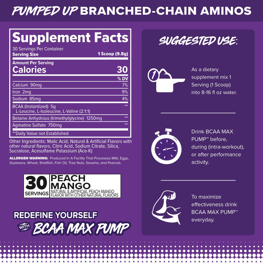 Close-up of FINAFLEX BCAA MAX Pump Peach Mango label