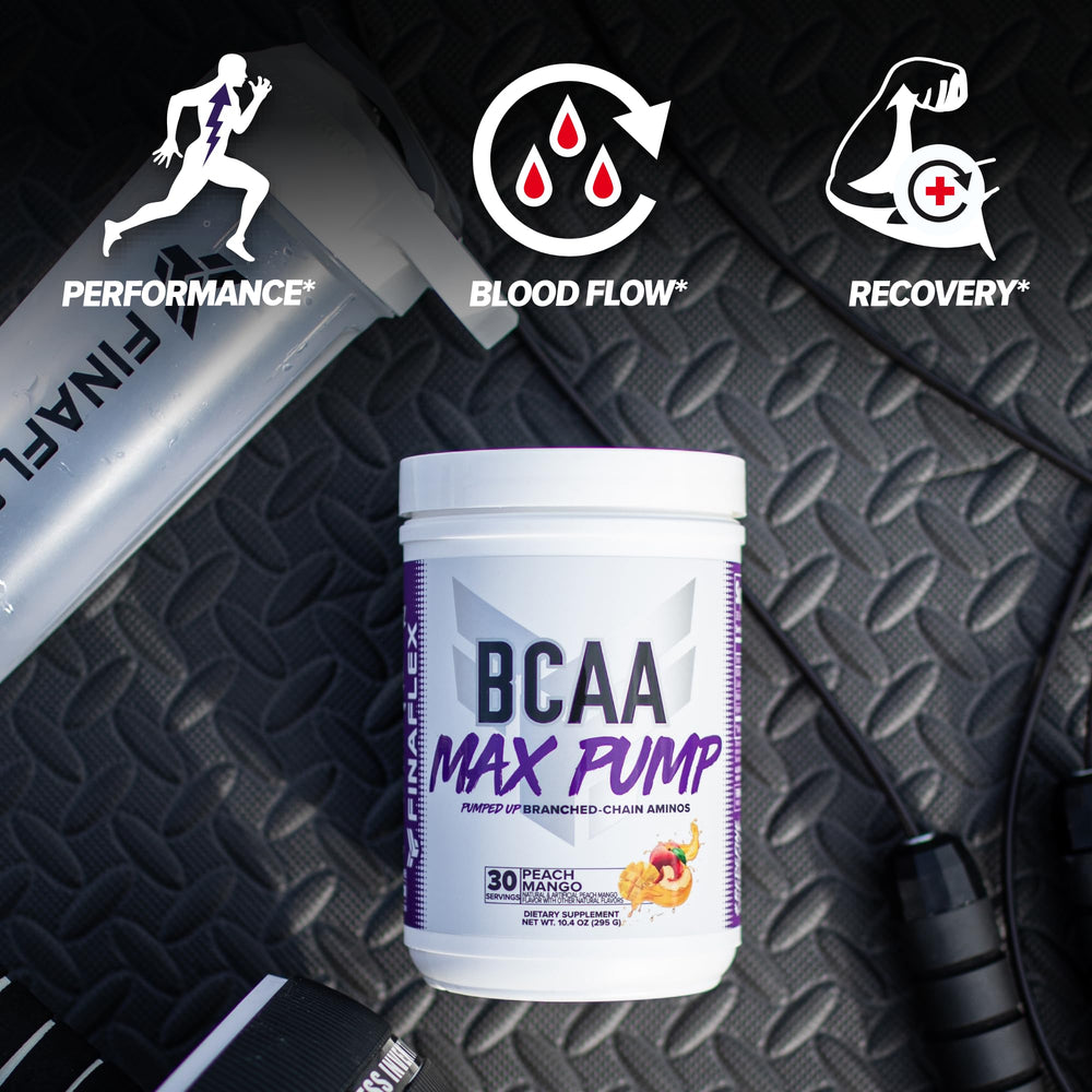 Serving scoop with FINAFLEX BCAA MAX Pump Peach Mango powder