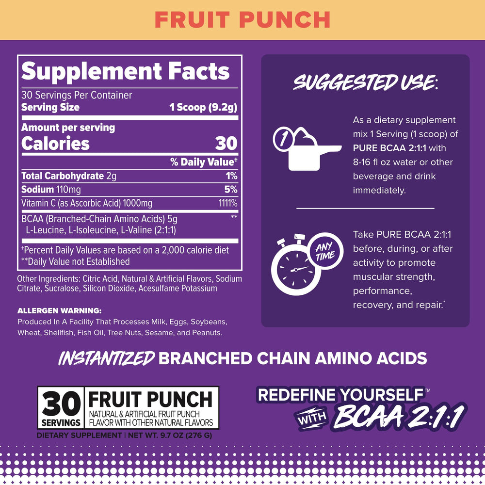 Close-up of label showing BCAA 2:1:1 ratio and Fruit Punch flavor