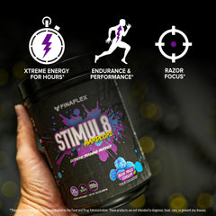 FINAFLEX STIMUL8 Hardcore blue razz prepared drink in glass hints at lasting workout endurance
