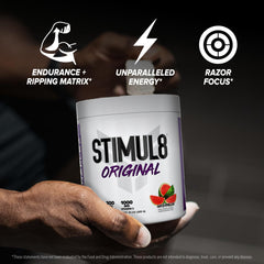 FINAFLEX STIMUL8 ingredients label highlights caffeine and vitamin C.