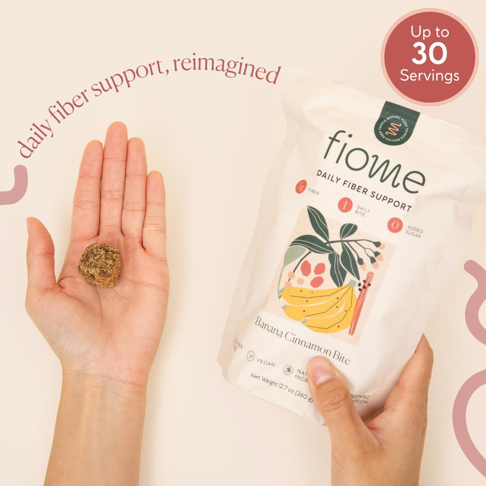 Serving size 30 bites shown with Fiome container