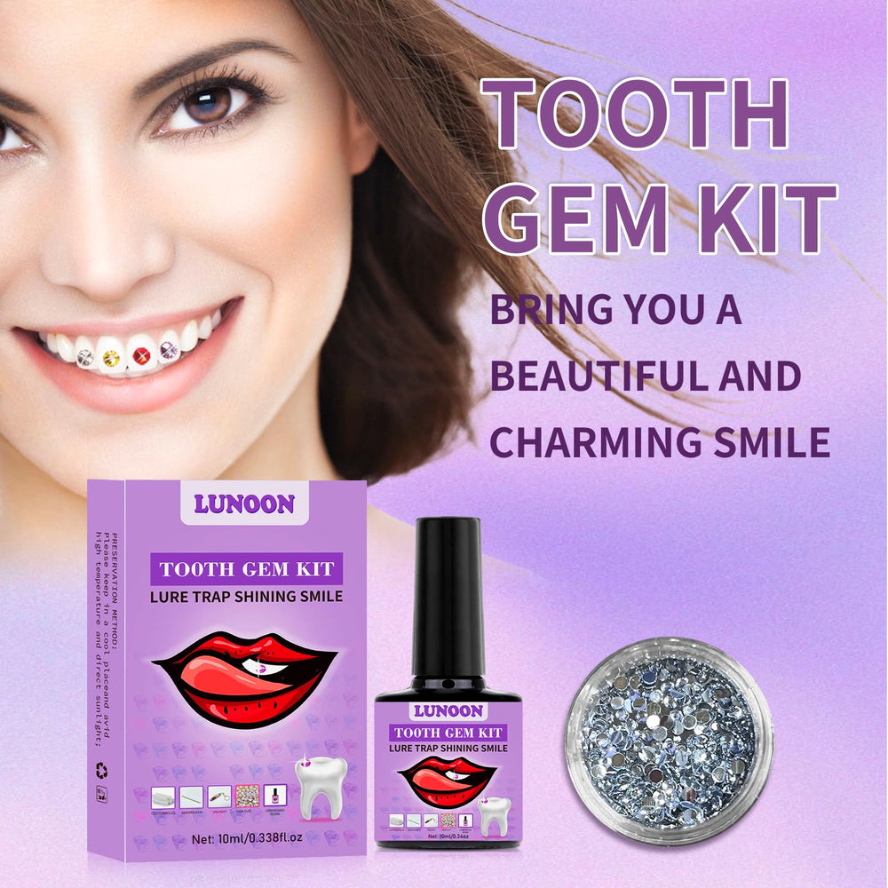 Smiling model wearing Fiorland tooth gems for Y2K fashion look