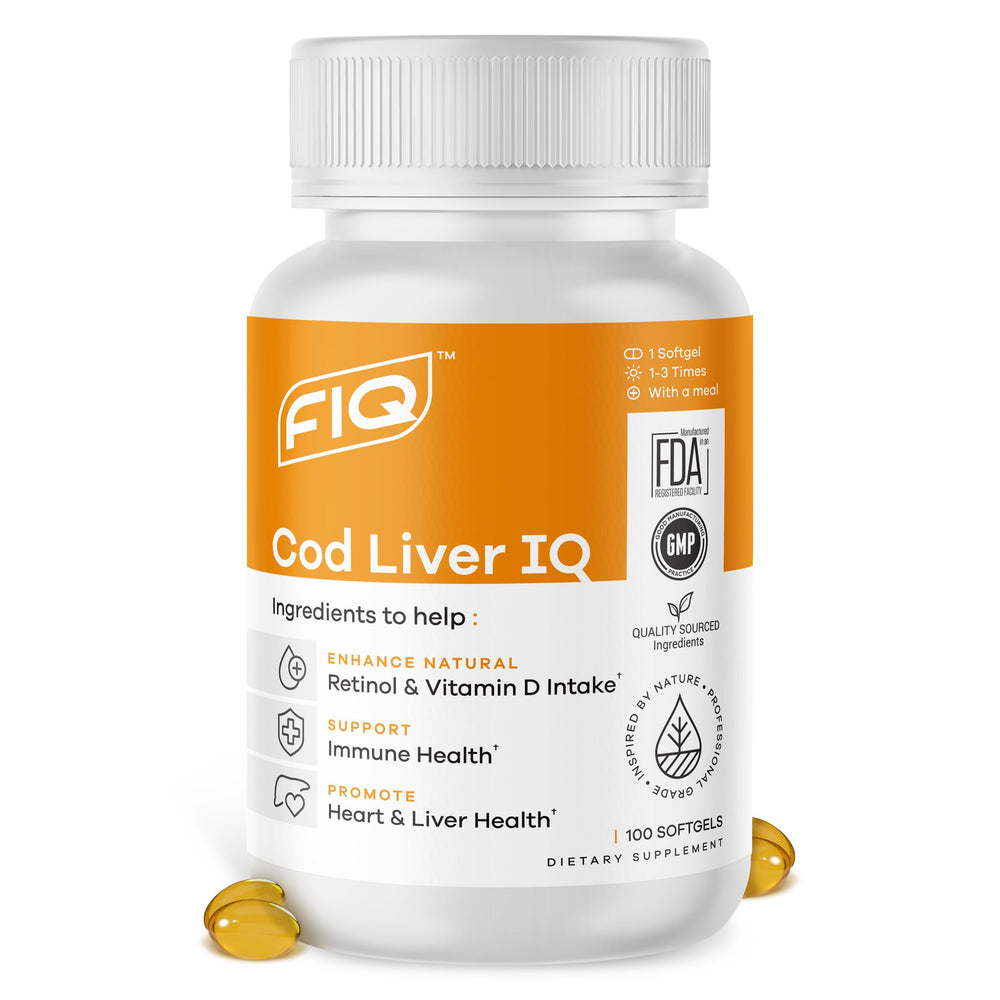 FIQ Cod Liver IQ bottle and softgels close-up