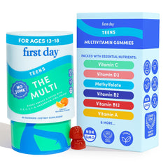 FIRST DAY teen vitamins gummies bottle helps teens start their day with a quick, tasty nutritional boost.