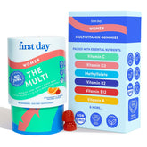 Bottle of FIRST DAY Women's Multivitamin Gummies with label visible