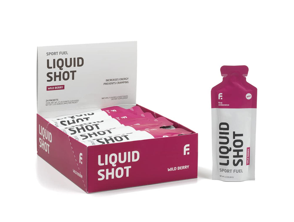 First Endurance Liquid Shot Wild Berry bottle front view