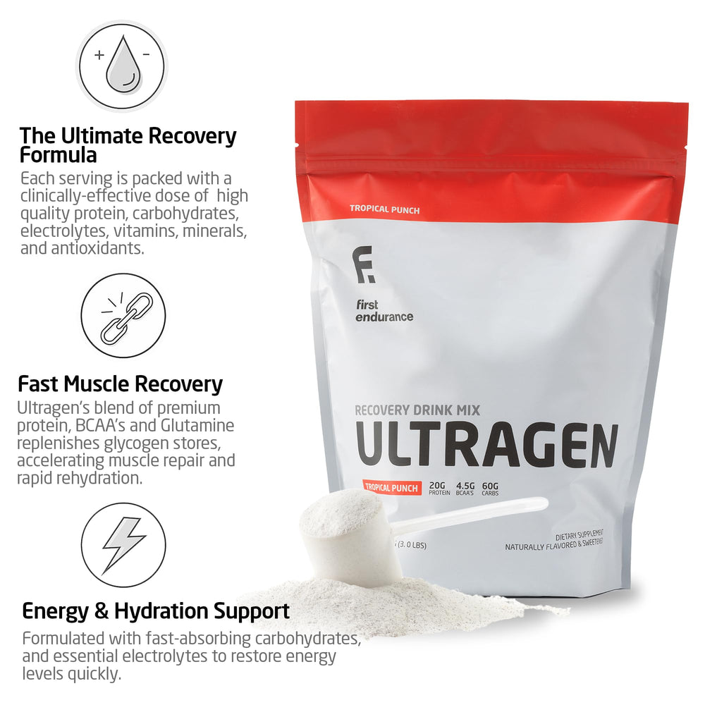 FIRST ENDURANCE Ultragen Tropical Punch bottle label showing endurance-fueling formula