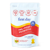 Bottle of FIRST DAY Kids Probiotic Gummies with kiwi-flavored gummies on display