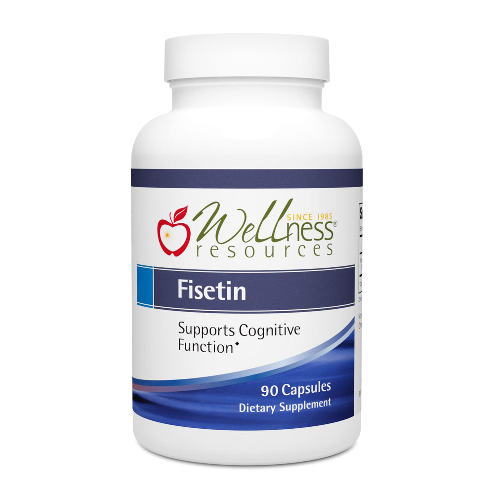 Bottle of Wellness Resources Fisetin with Novusetin brand label (100mg) – 90 capsules