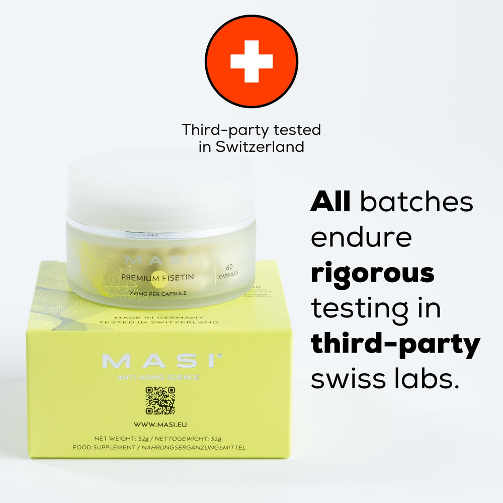 Fisetin supplement label highlighting high-purity (>99%)
