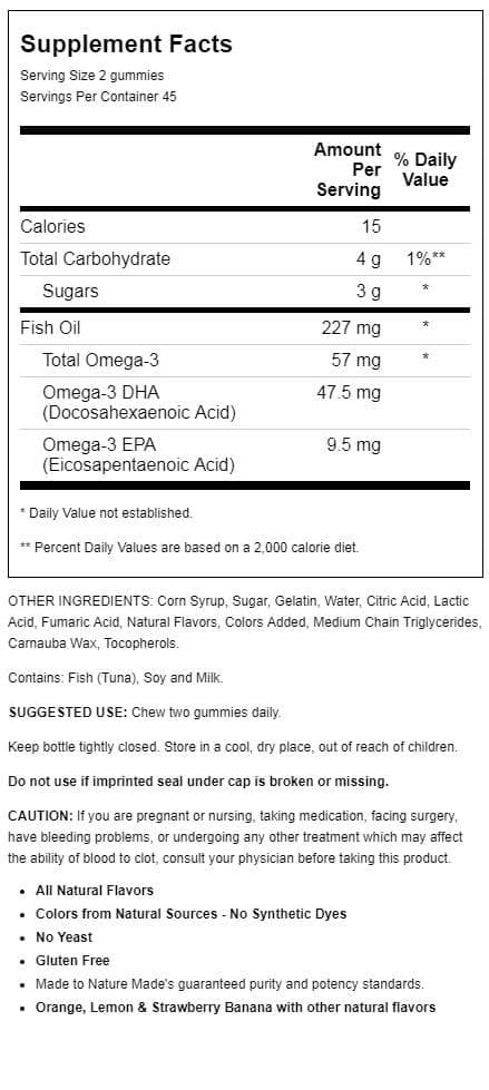Close-up of Nature Made Fish Oil Gummies showing orange, lemon and strawberry flavors