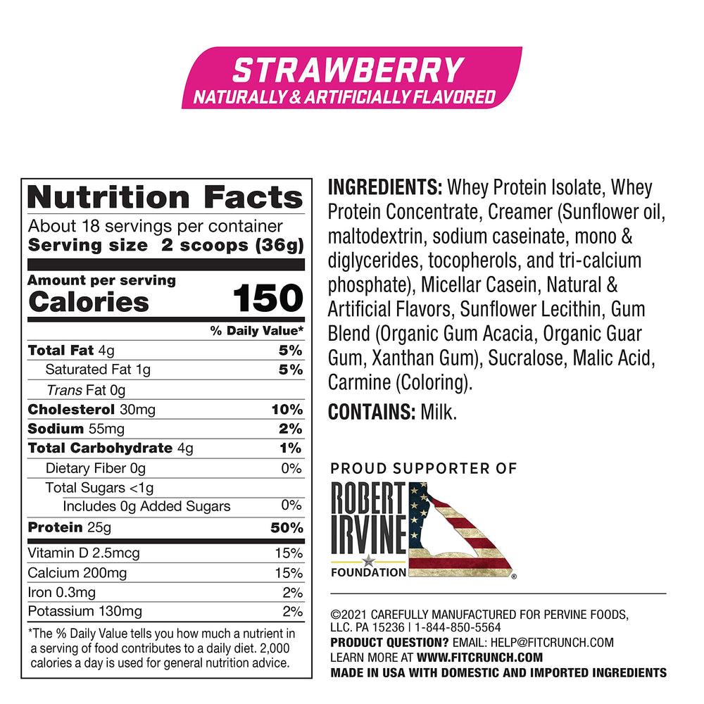 Fit Crunch strawberry powder pour emphasizes quick-mix convenience.