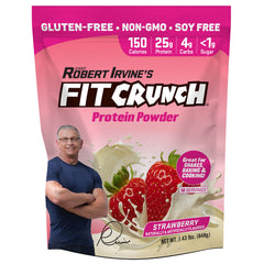 Fit Crunch strawberry protein tub for creamy high-protein shake.