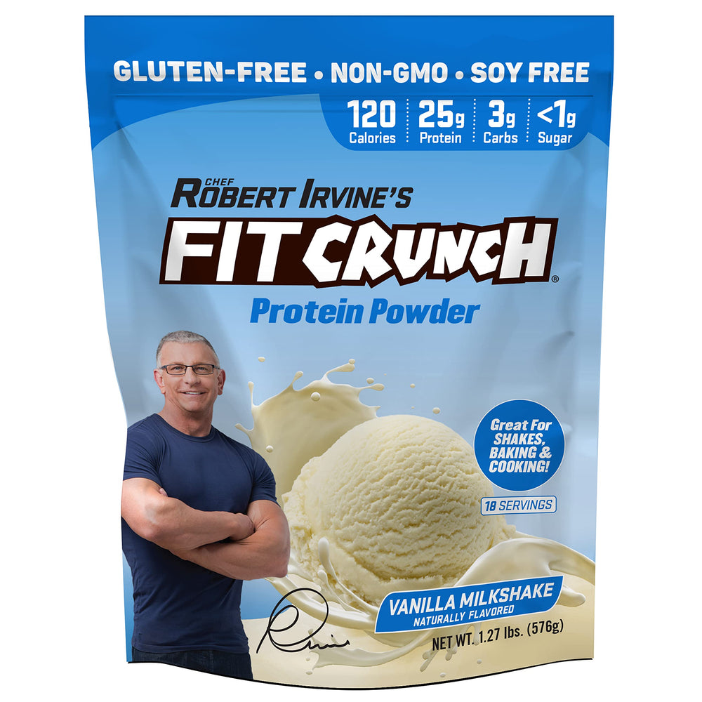 Fit Crunch Tri-Blend Whey Protein vanilla milkshake tub highlights high-protein, low-sugar nutrition.