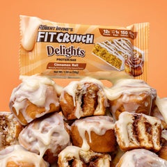 Fit Crunch Delights Cinnamon Roll bar boxed with nutrition facts; ideal post-workout idea.