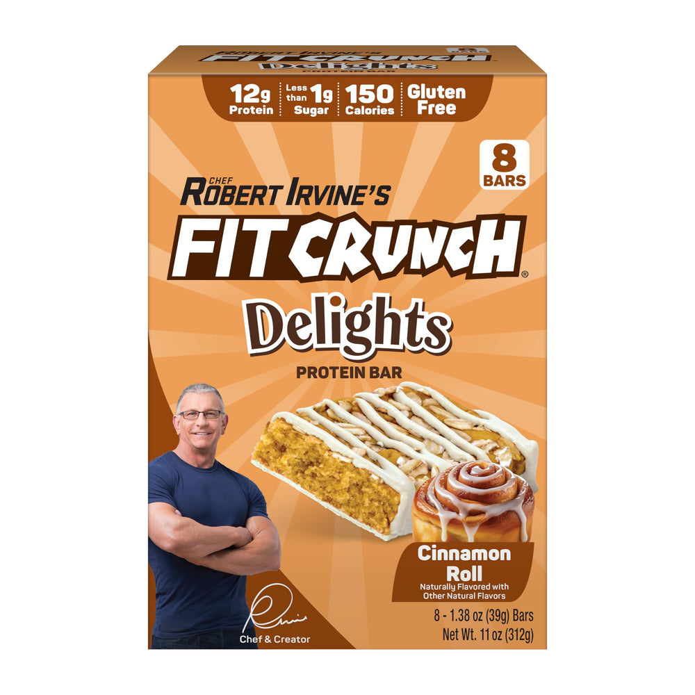 Fit Crunch Delights Cinnamon Roll bar front view; protein-packed snack for afternoon energy.