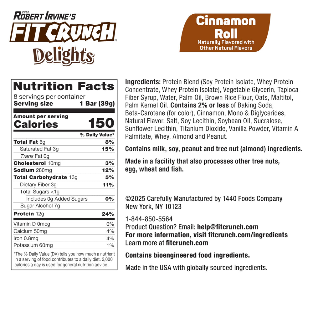 Fit Crunch Delights Cinnamon Roll pack 8-bar box; convenient gluten-free indulgence on the go.
