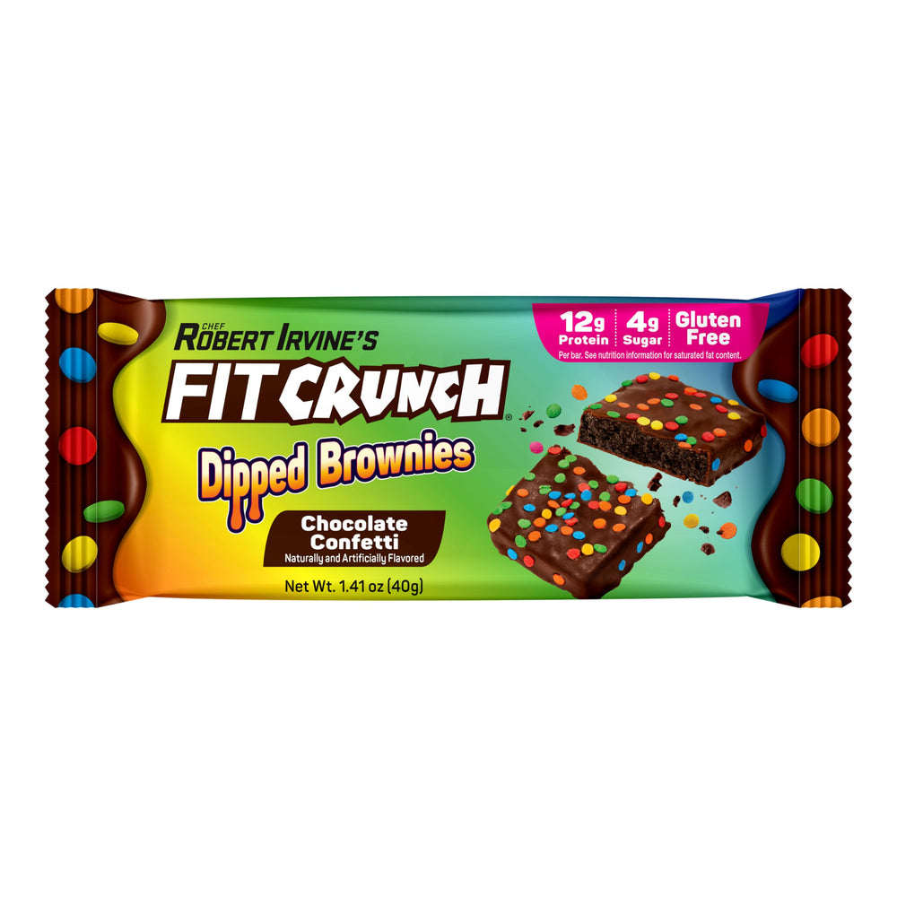 FitCrunch Dipped Protein Brownies confetti-bite slice highlighting soft interior