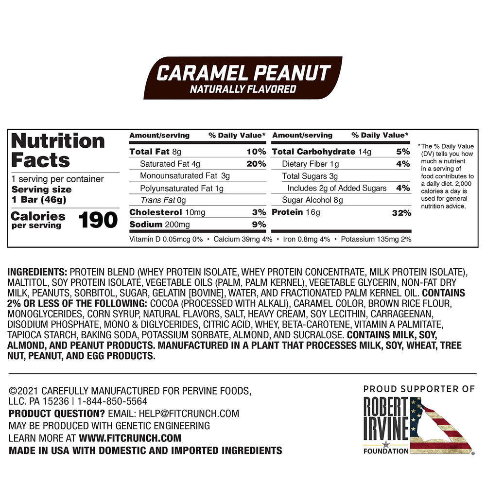 FITCRUNCH bar unwrapped reveals soft cake core and caramel peanut texture.