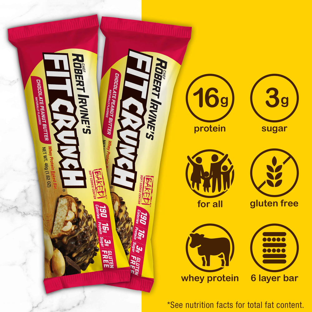 FitCrunch chocolate peanut butter coating highlights crave-worthy flavor and protein boost for energy.