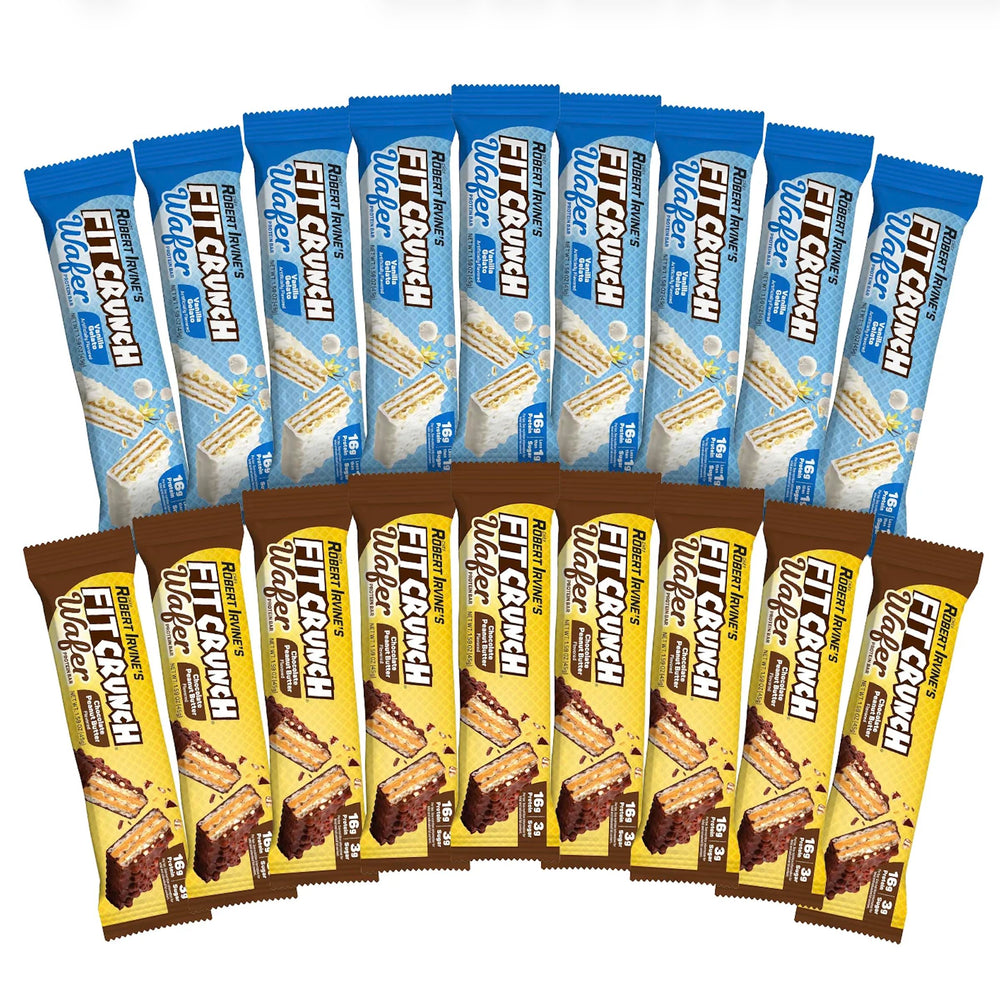 Fit Crunch wafer bar chocolate peanut butter wrapper shows protein-packed on-the-go snacking.