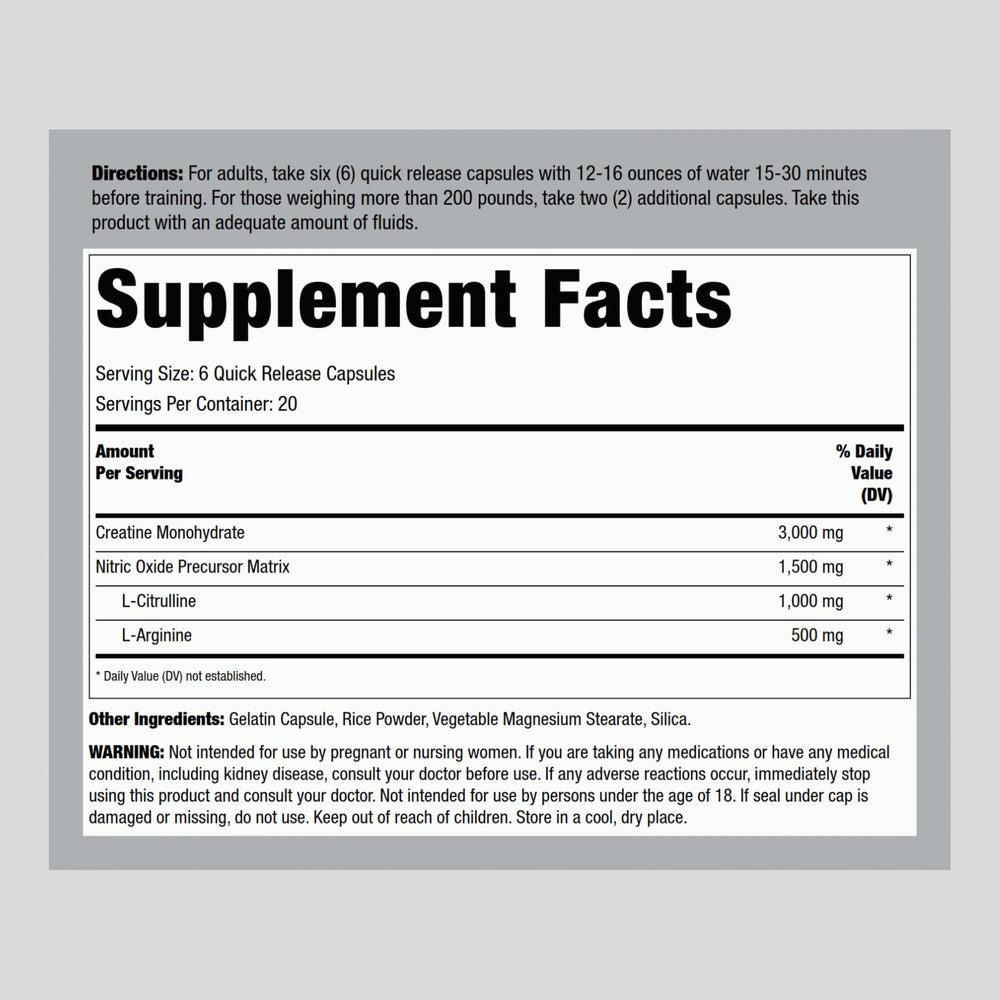 Close-up of Creatine capsules labeled 3000mg per serving