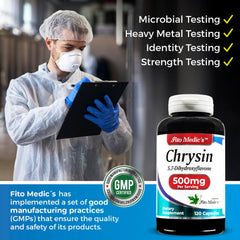 Lifestyle shot of Chrysin bottle on desk with natural elements