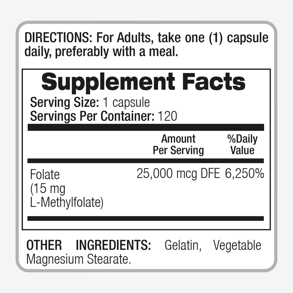 Supplement bottle with methylfolate capsules on a white background